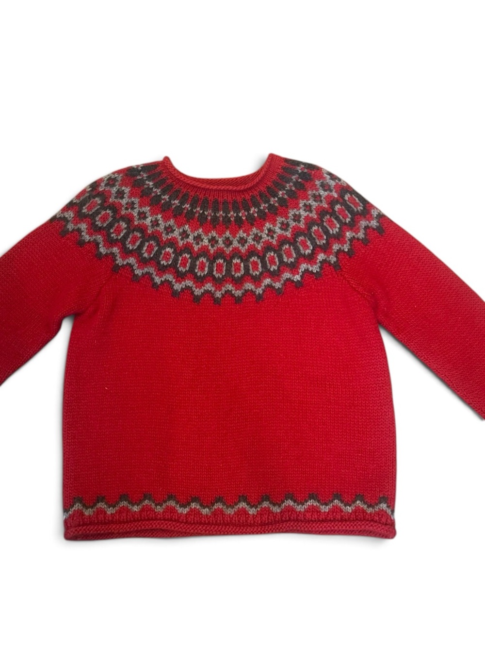 LL Bean Red Fair Isle Yoke Women's Sweater 100% Wool Large
